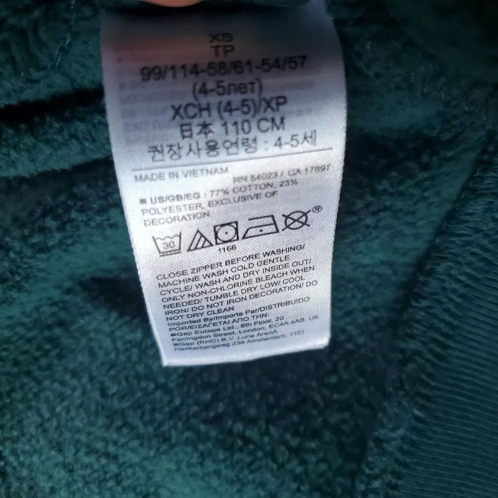 Gap green zip‎ up hoodie kids size xs 4/5